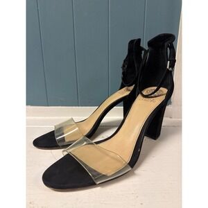 Vince Camuto Black Suede Clear Strap Ankle Buckle Heel Party Evening Sandal‎